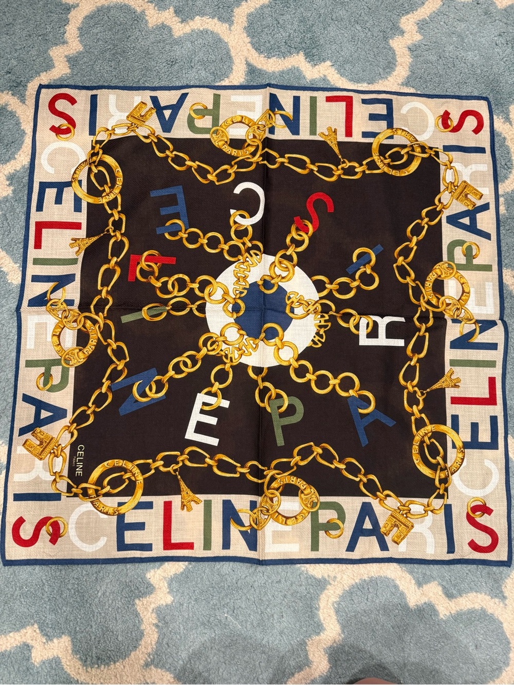 Celine Black Cotton and Silk Scarf with Gold Chain and Multicolor Lettering
